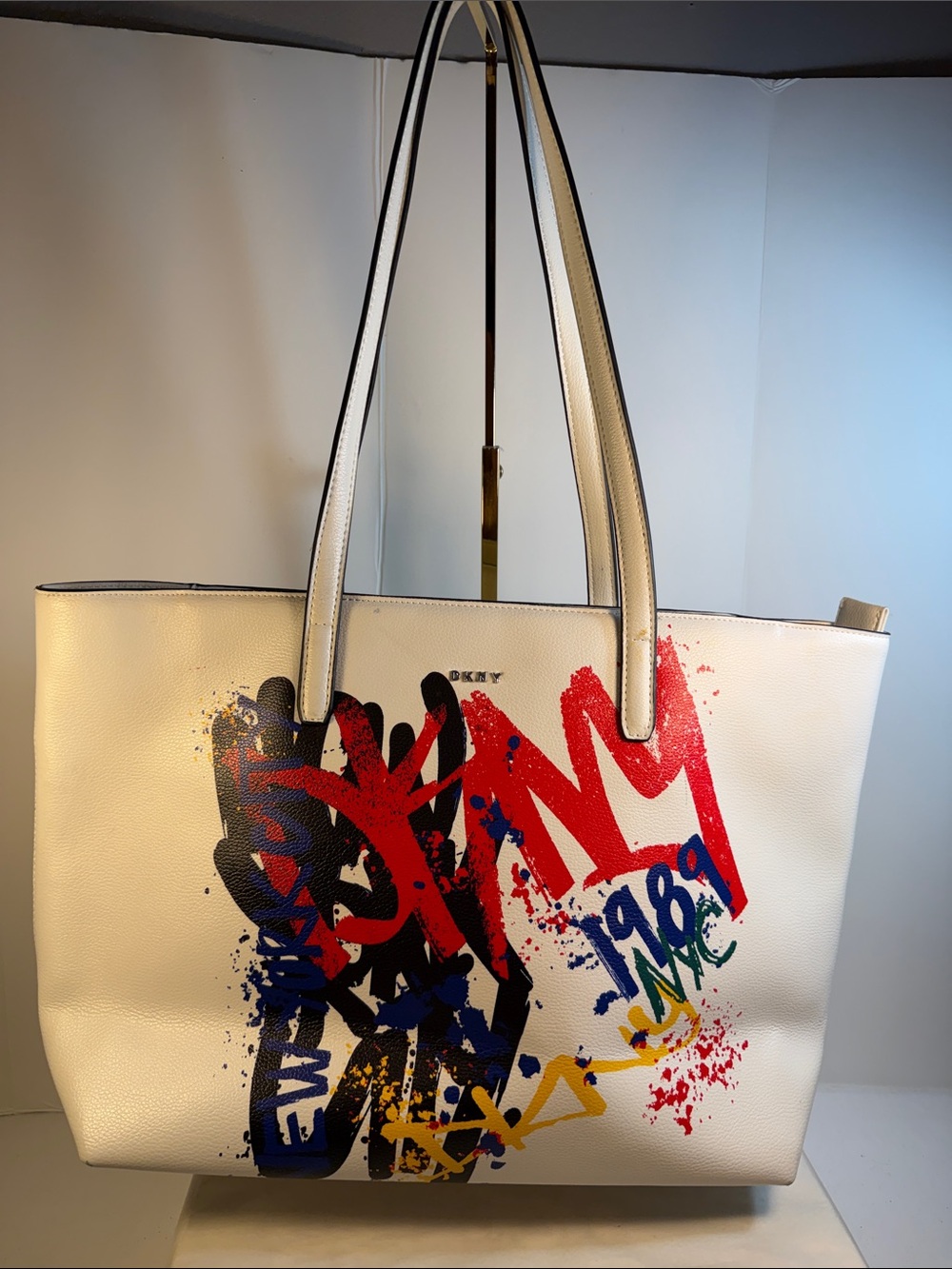 DKNY White Graffiti Tote with Red, Blue & Yellow Accents